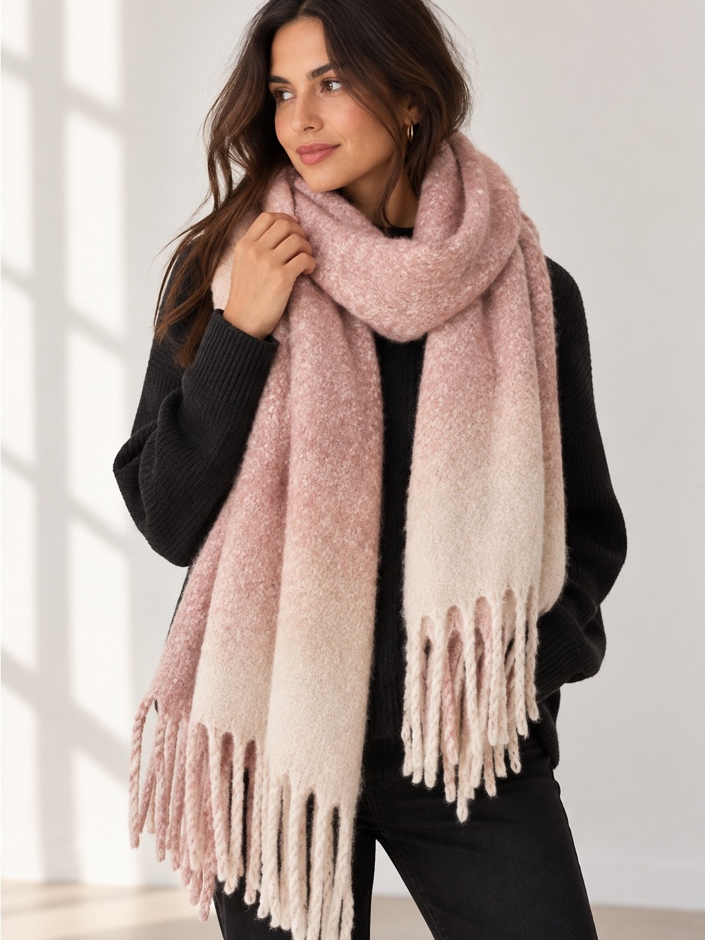MerSea Blanket Scarf Pink Blush Ombré Oversized Fringe Wrap 21x94